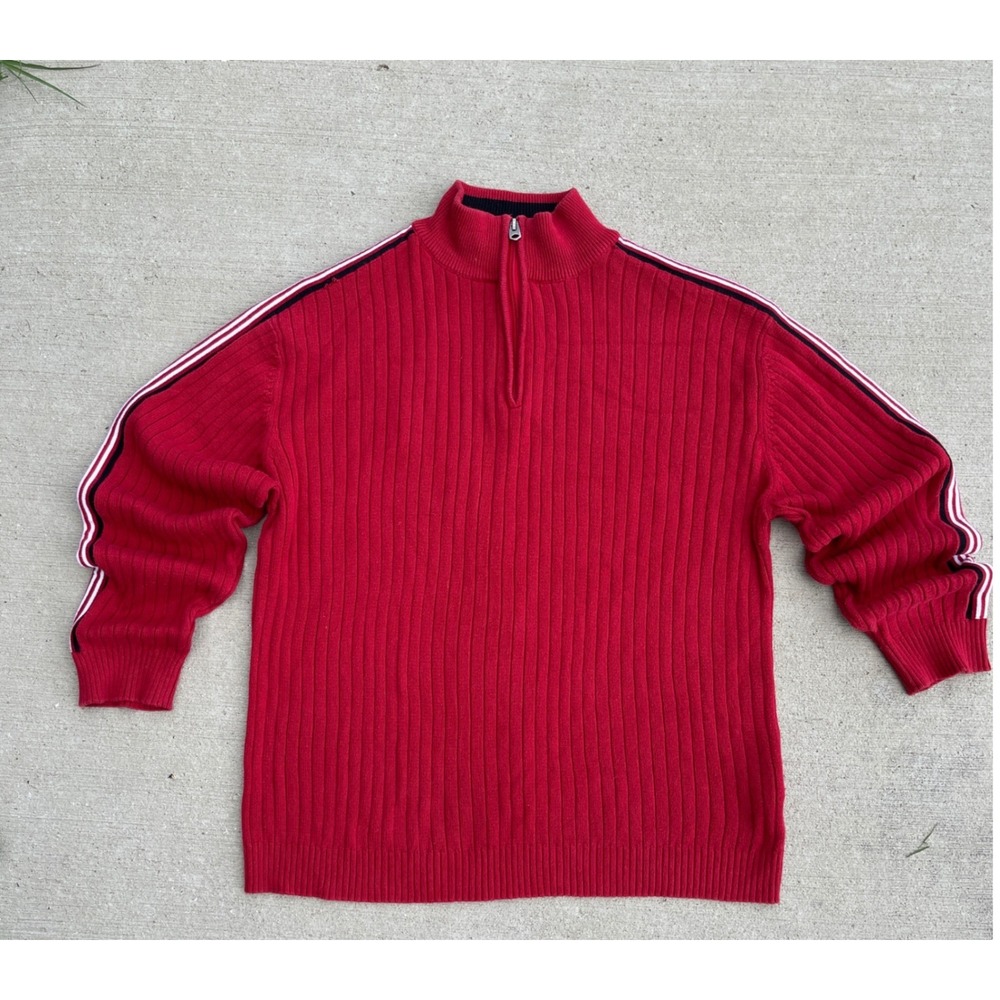 XG Boys Red Ribbed Quarter Zip Sweater Racing Stripe Sleeve Size L 14/16